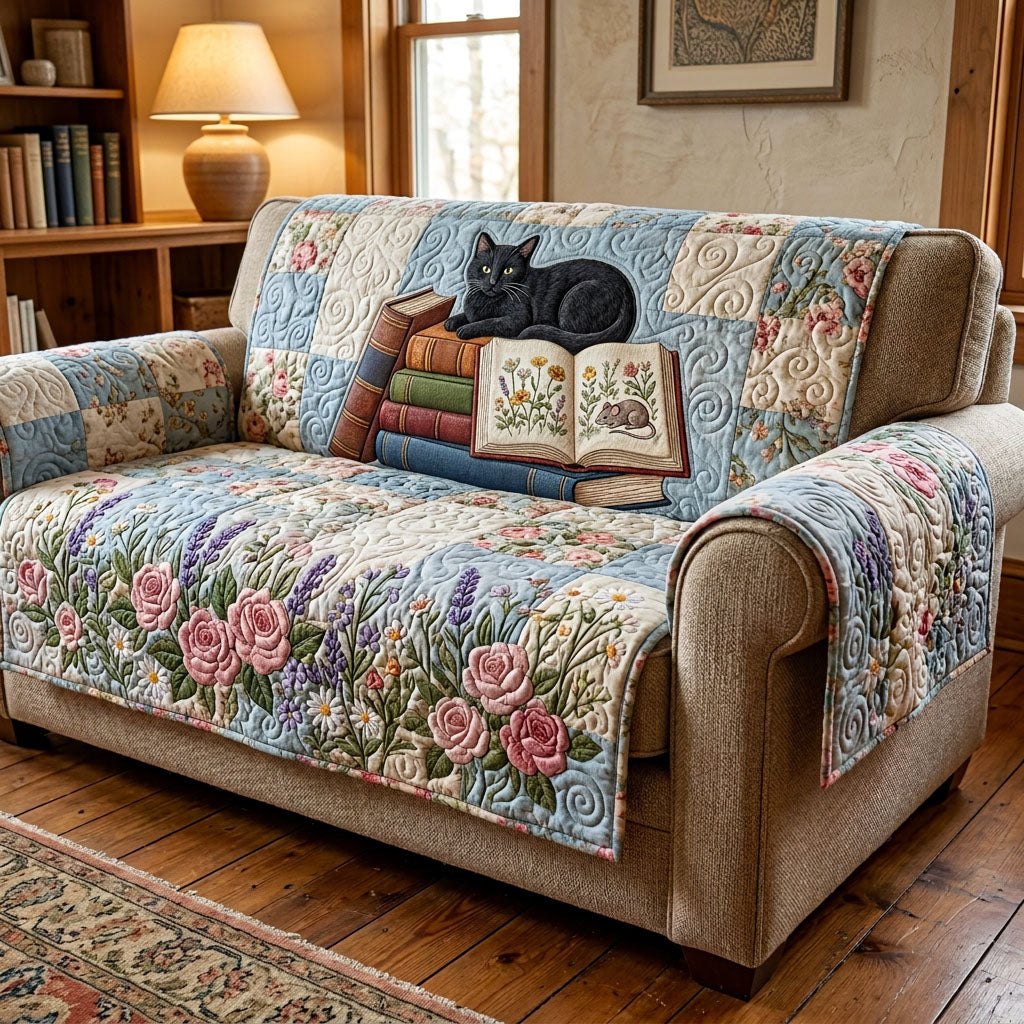 Black Cat Napping Among Roses Sofa Cover