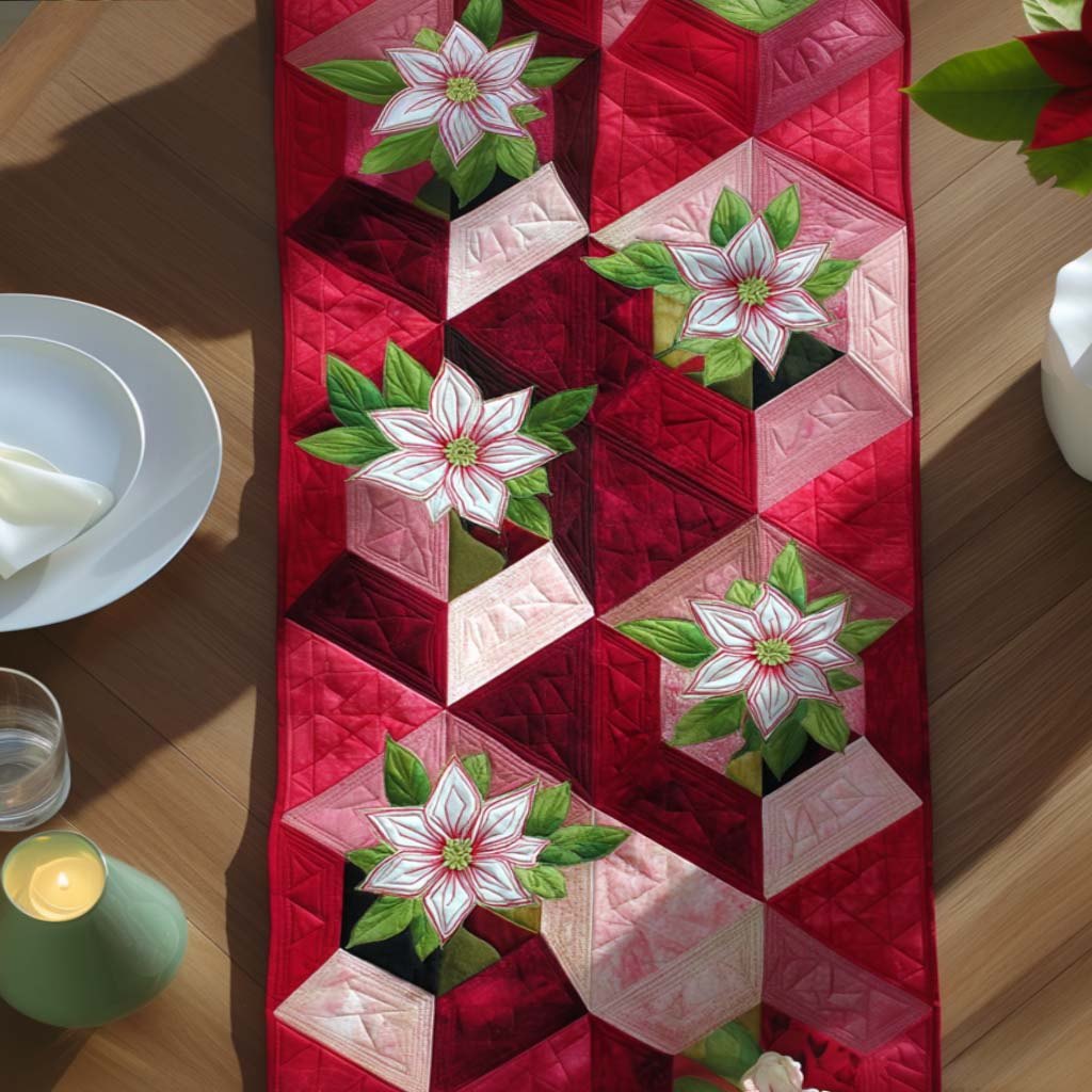 Pink Geometric with White Blossoms Table Runner
