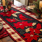 Red Poinsettias on Plaid Border Table Runner