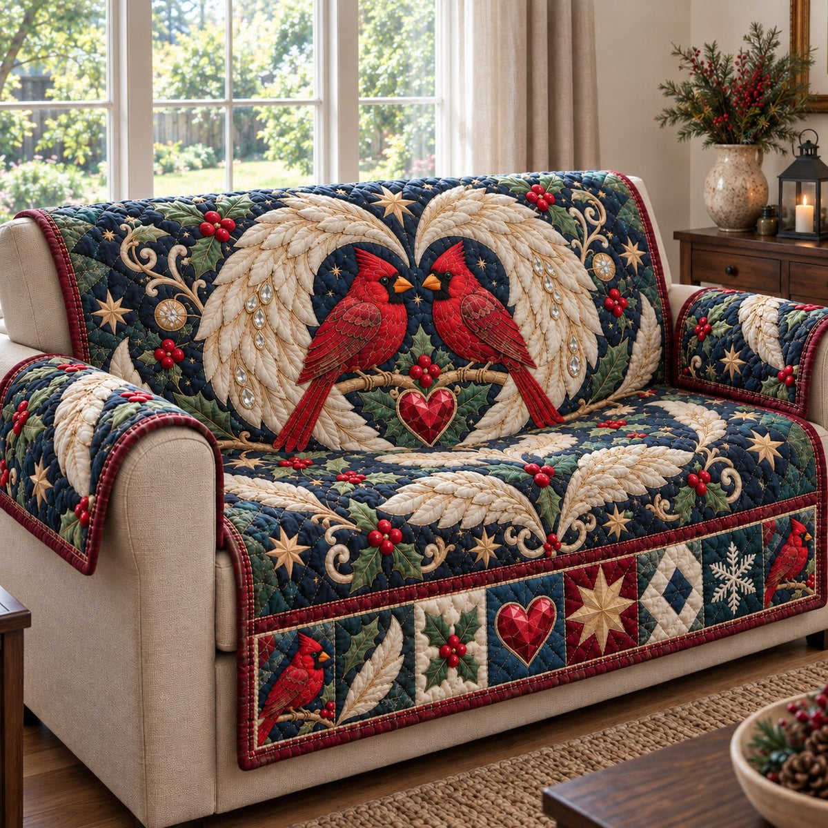 Red Cardinal Snowflakes Sofa Cover