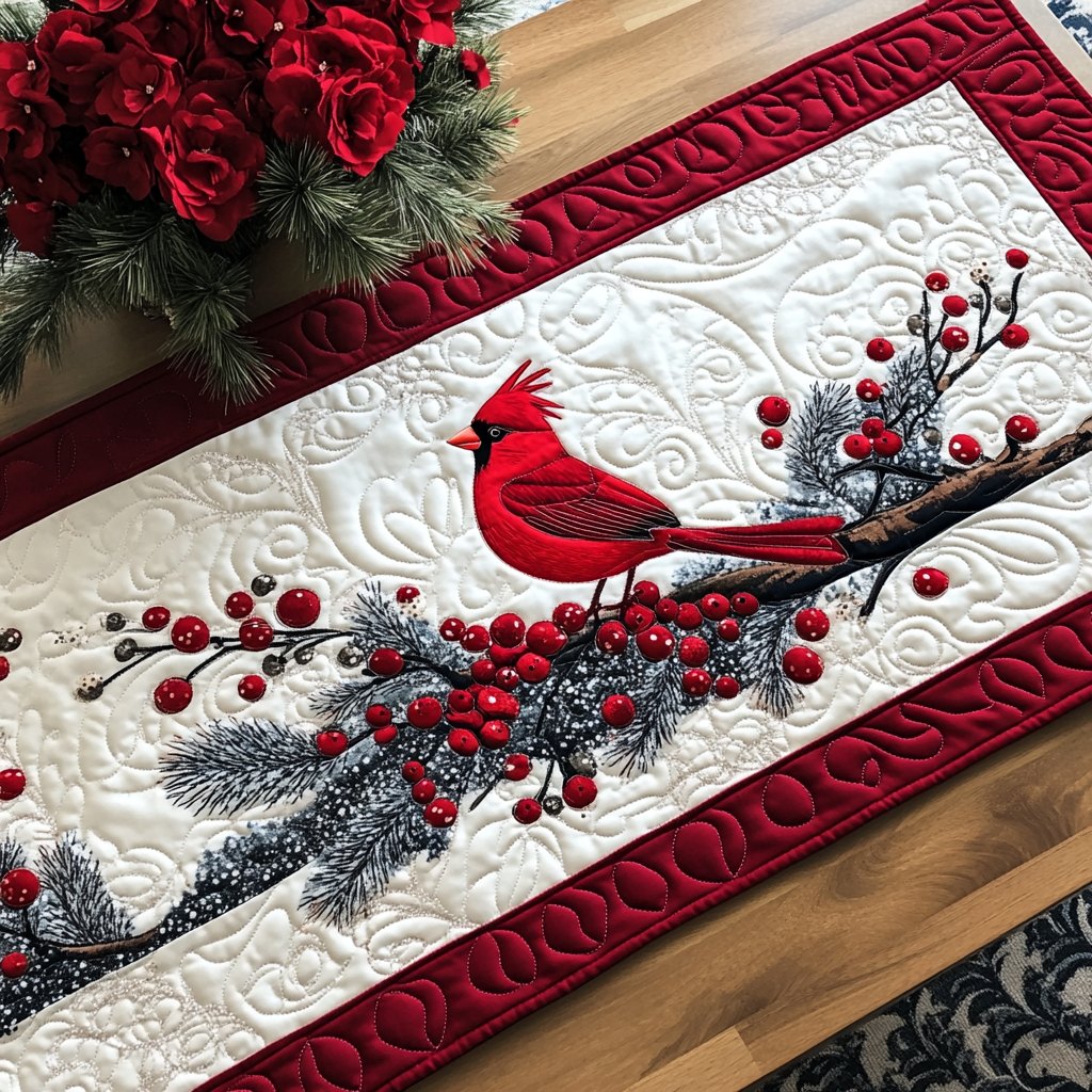 Red Feathered Winter Table Runner