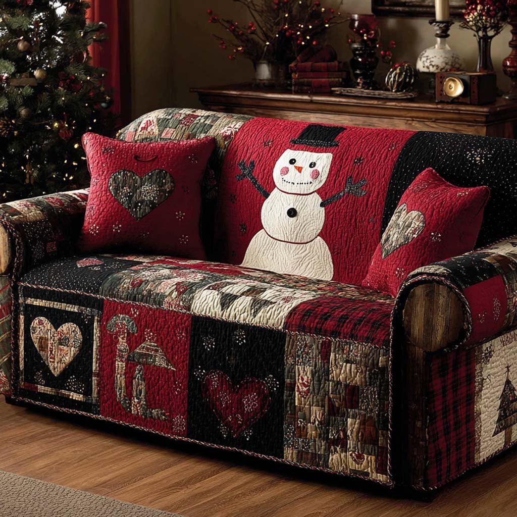 Red Heart Snowman Sofa Cover