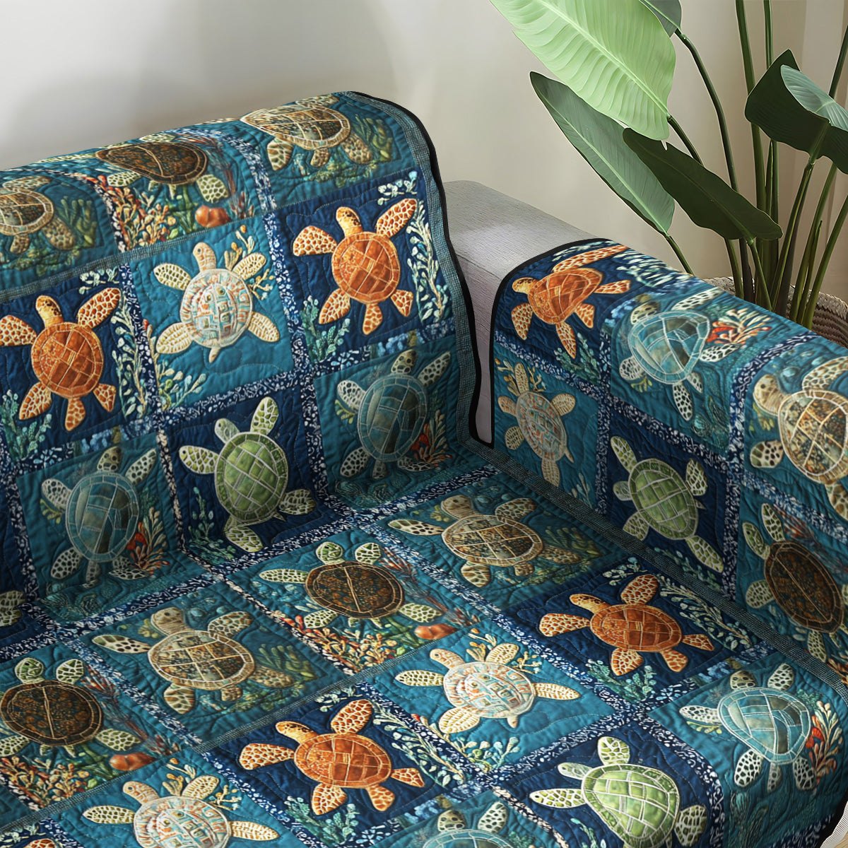 Sea Turtles on Blue Squares Sofa Cover