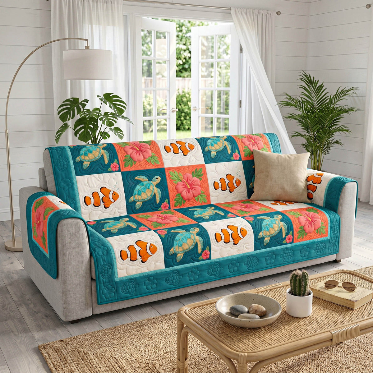Sea Turtles and Clownfish on Teal Sofa Cover