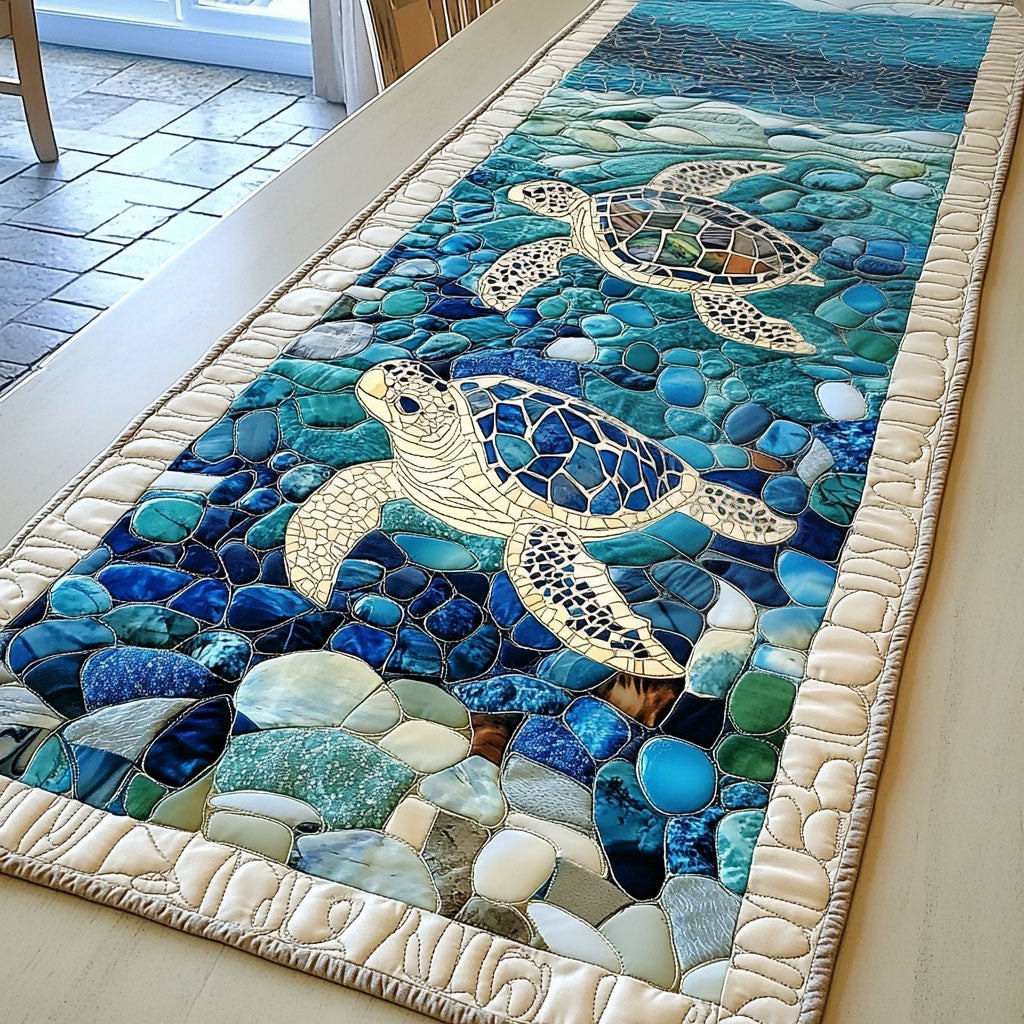 Sea Turtles on Blue Mosaic Table Runner