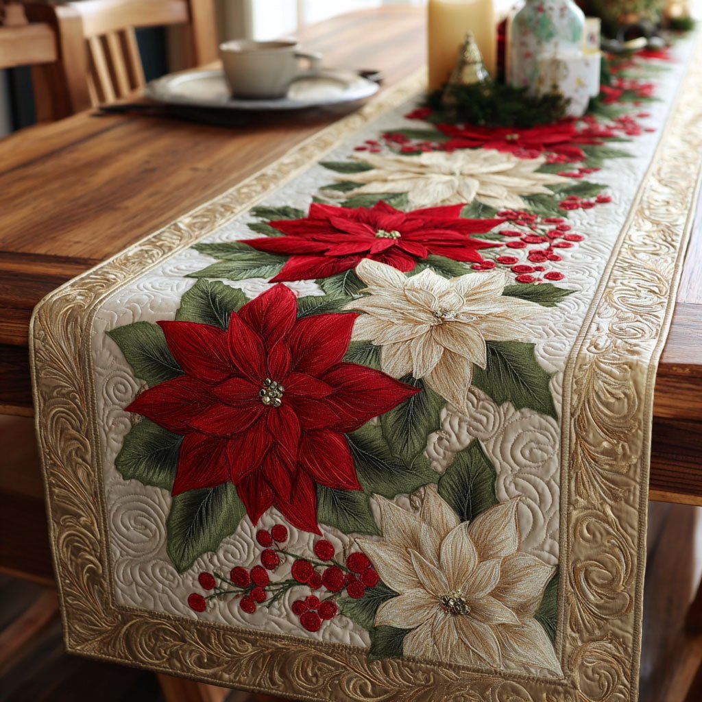 Red and White Poinsettias on Cream Table Runner