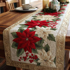 Red and White Poinsettias on Cream Table Runner