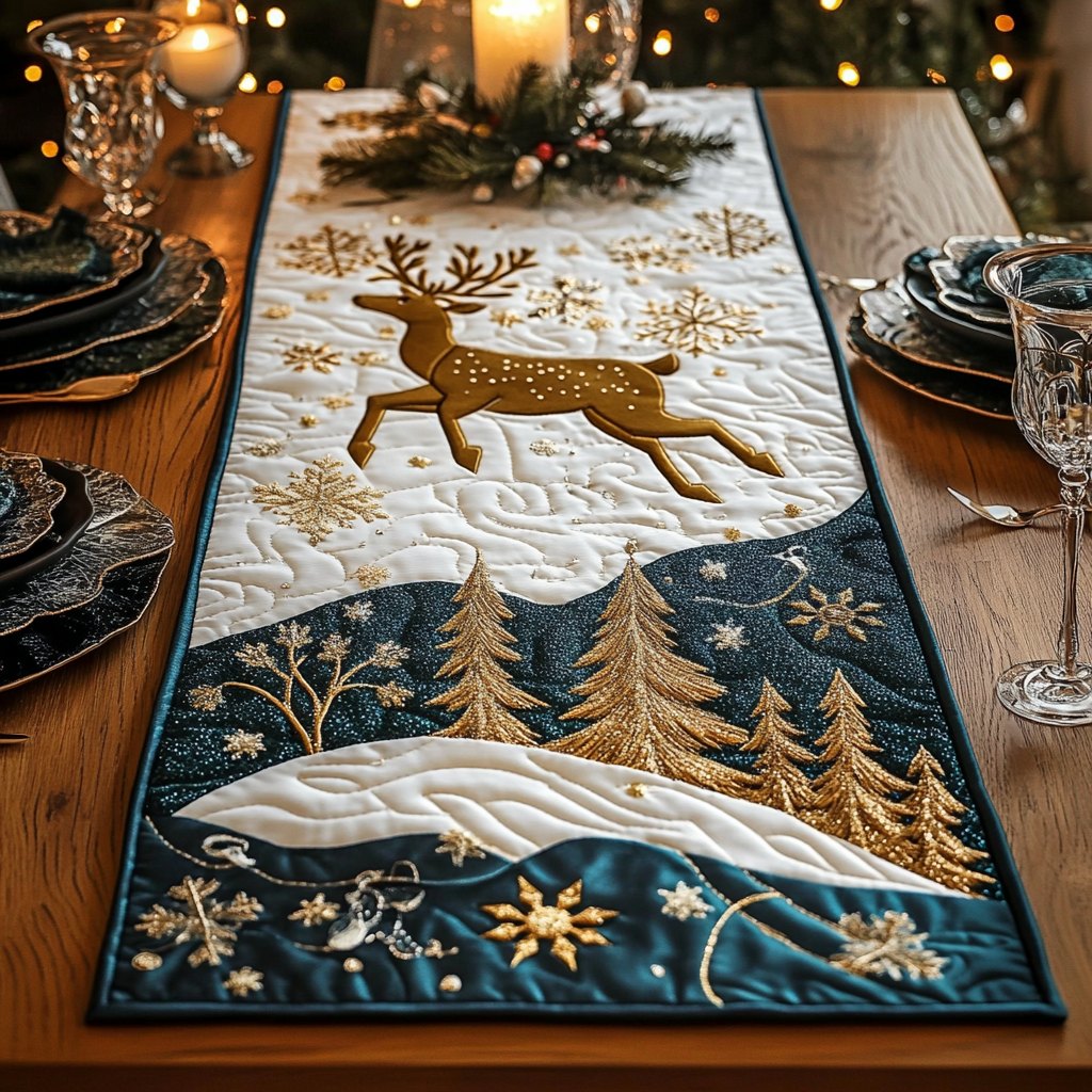 Golden Reindeer on Navy with Trees Table Runner