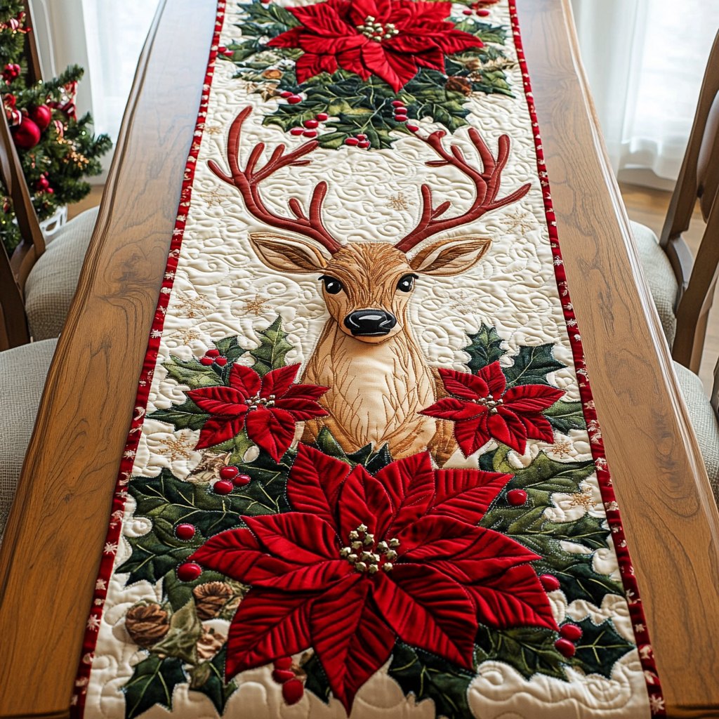 Deer with Red Poinsettias Table Runner