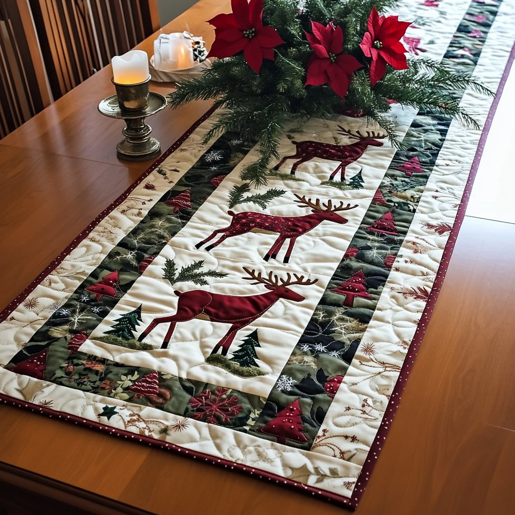 Red Deer on Green Blocks Table Runner