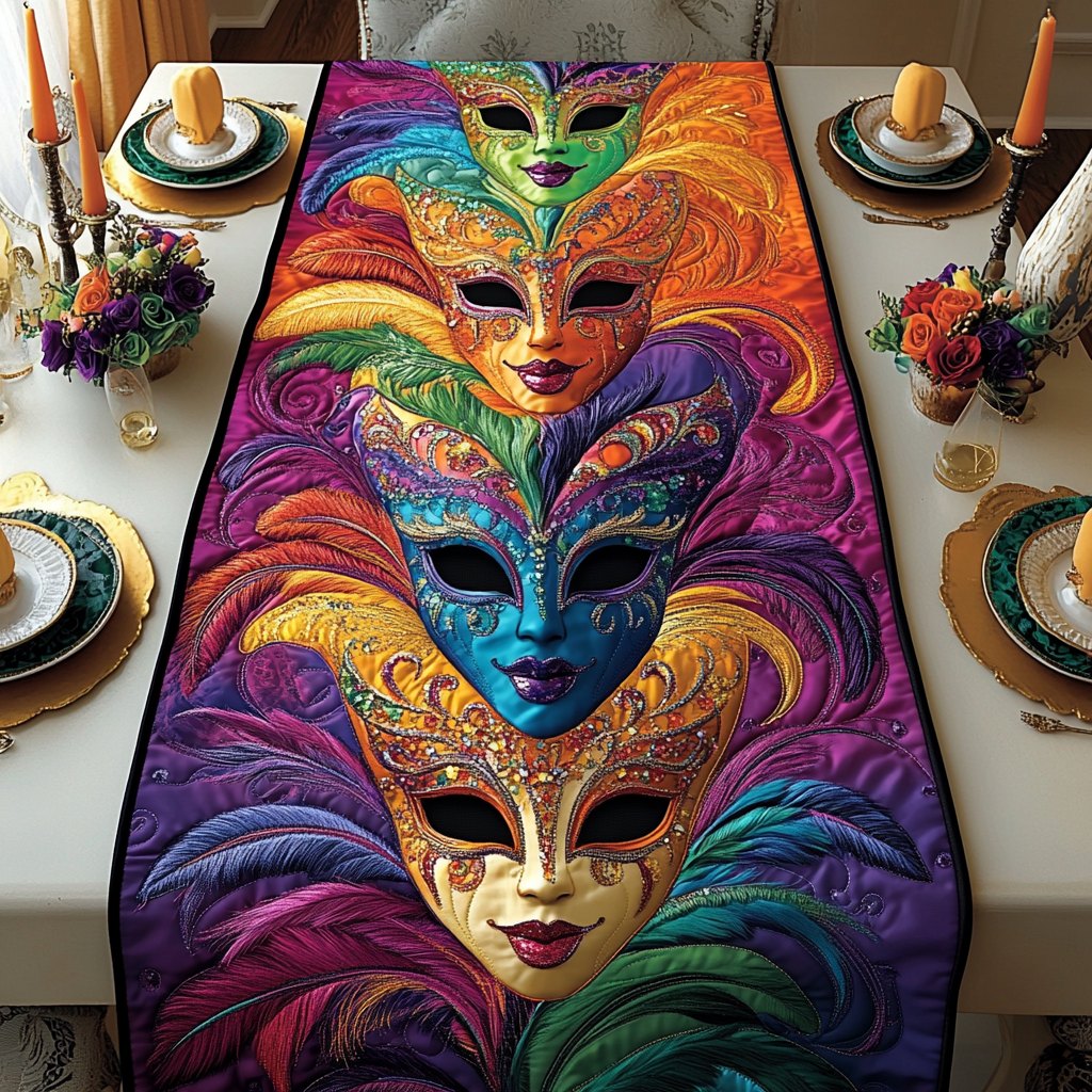 Colorful Carnival Masks with Feathers Table Runner
