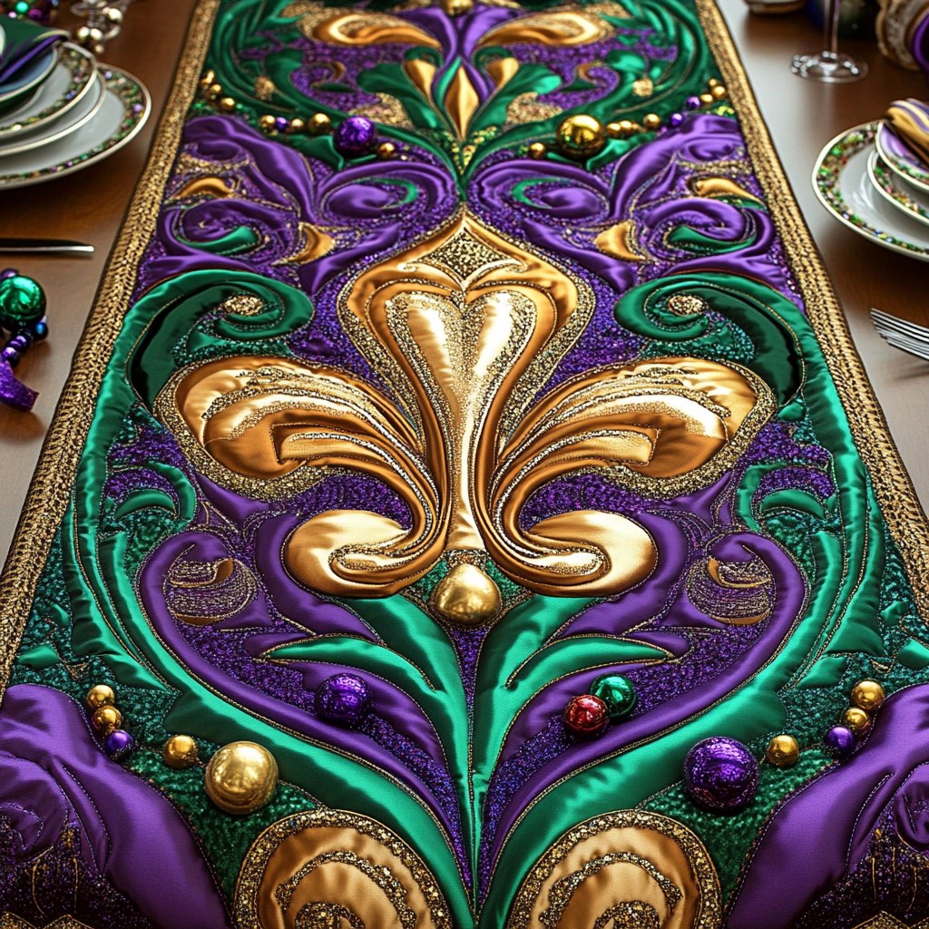 Revelry Royale Gold Fleur de Lis on Purple Table Runner