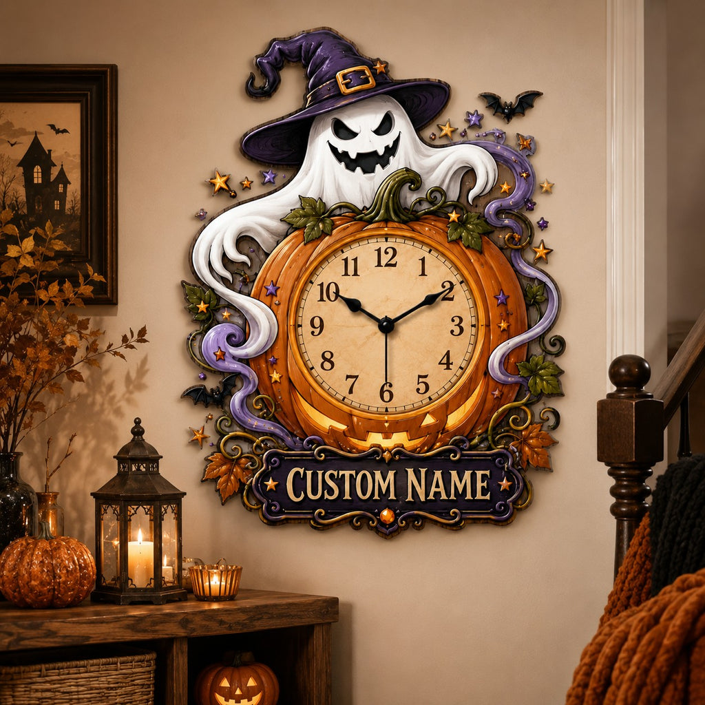 Family Halloween decorating Custom Name Wall Clock — personalized with a custom name