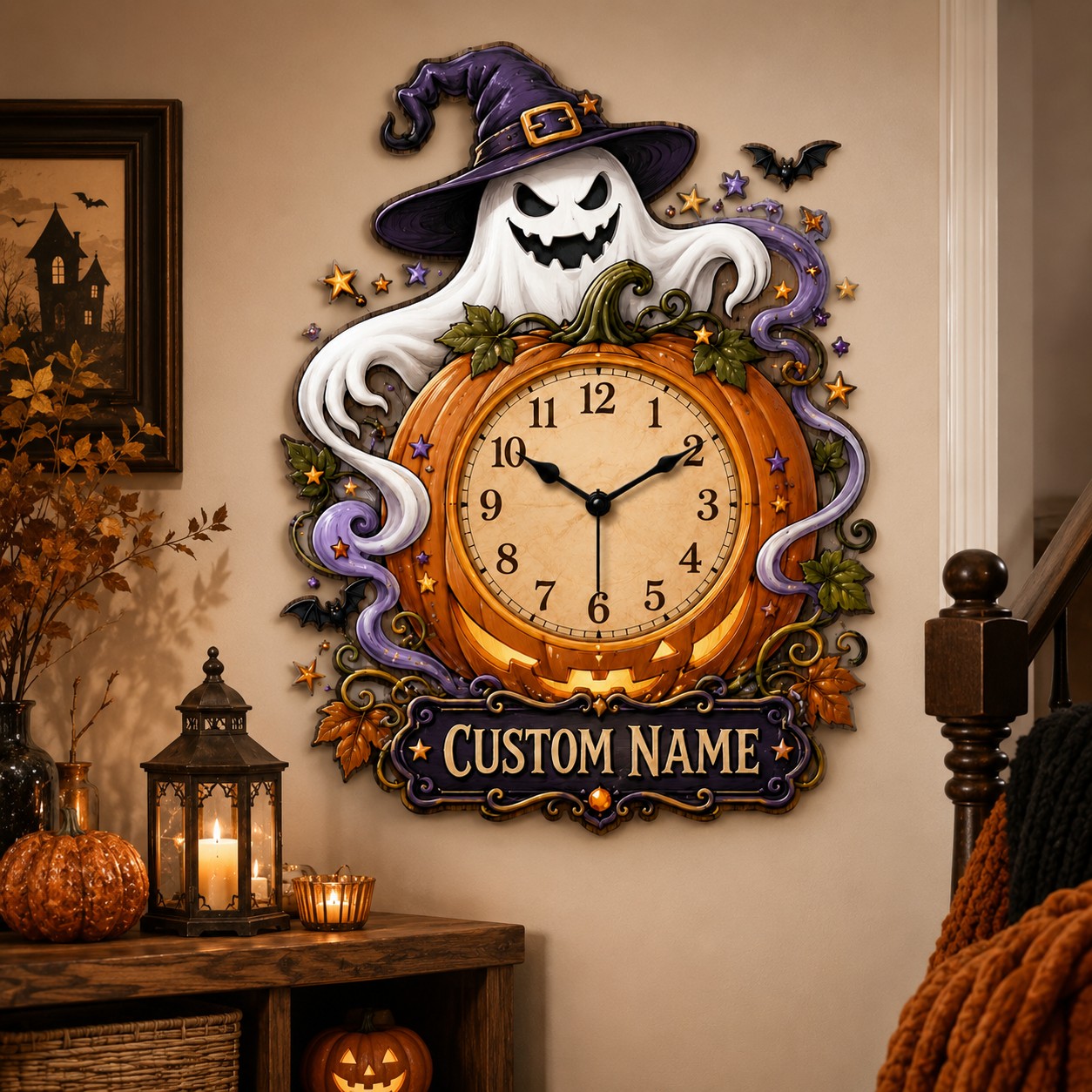 Family Halloween decorating Custom Name Wall Clock — personalized with a custom name