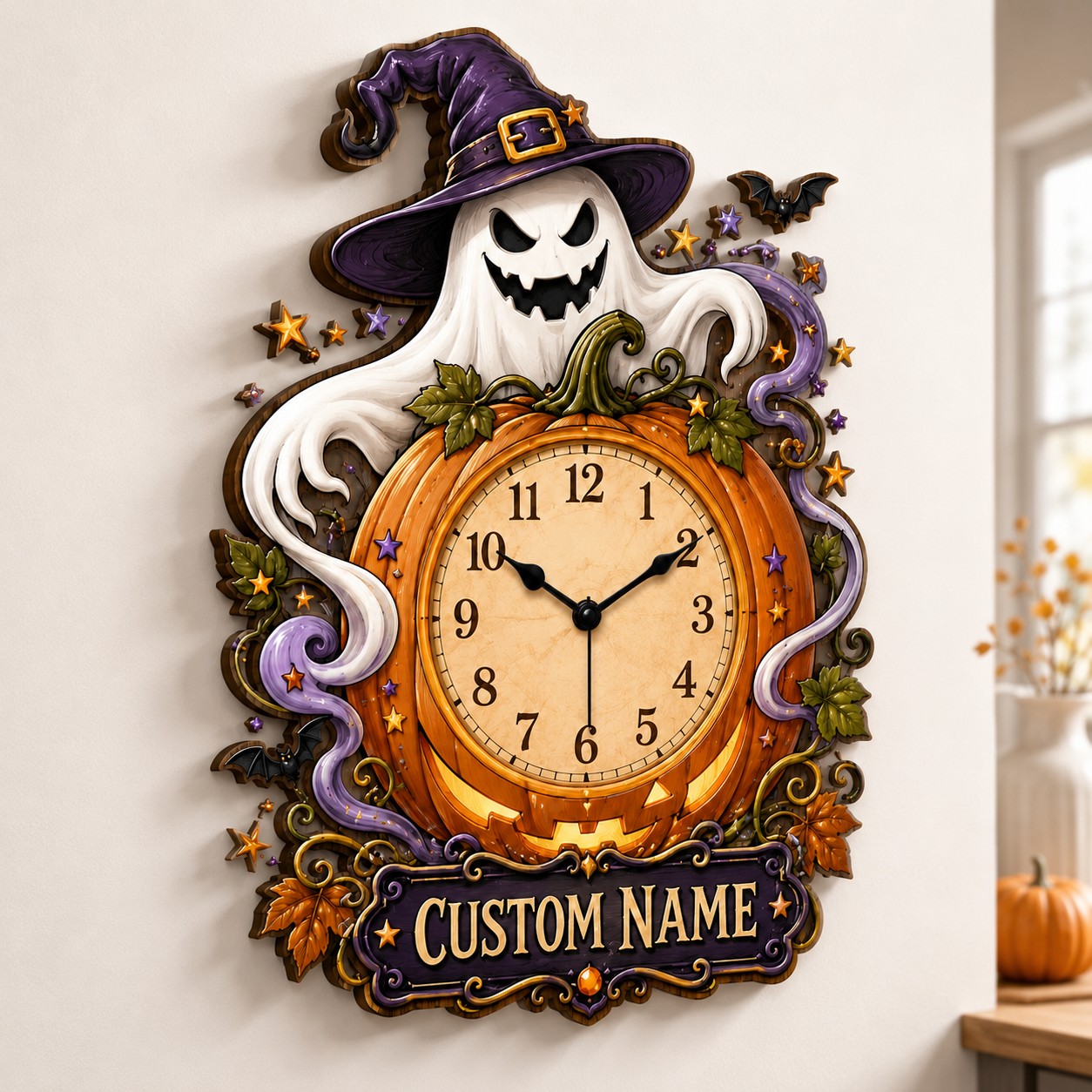 Family Halloween decorating Custom Name Wall Clock — personalized with a custom name