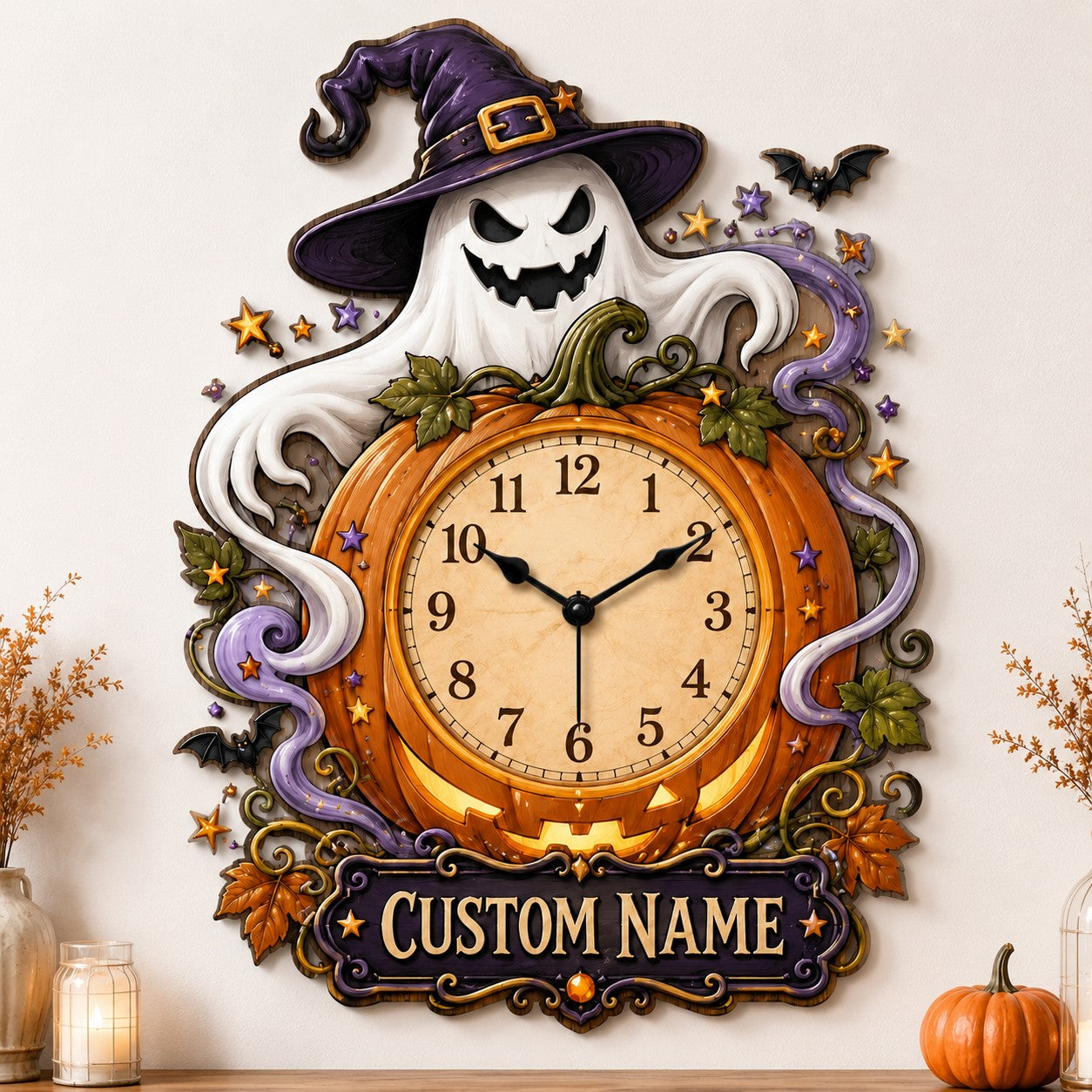 Family Halloween decorating Custom Name Wall Clock — personalized with a custom name