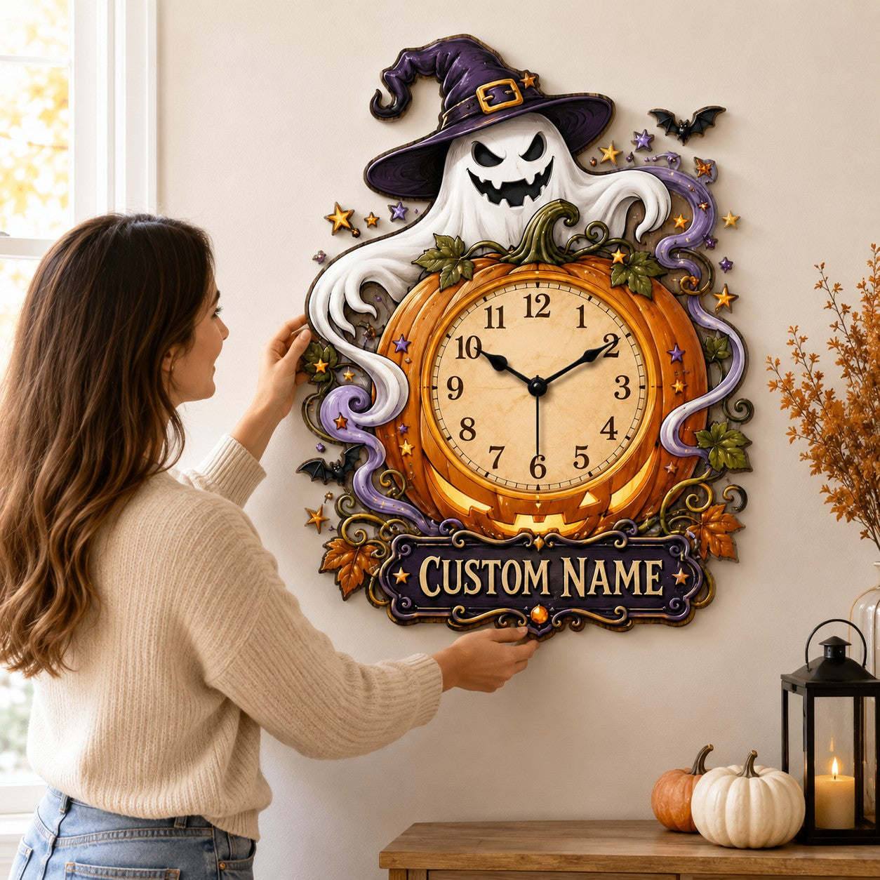 Family Halloween decorating Custom Name Wall Clock — personalized with a custom name