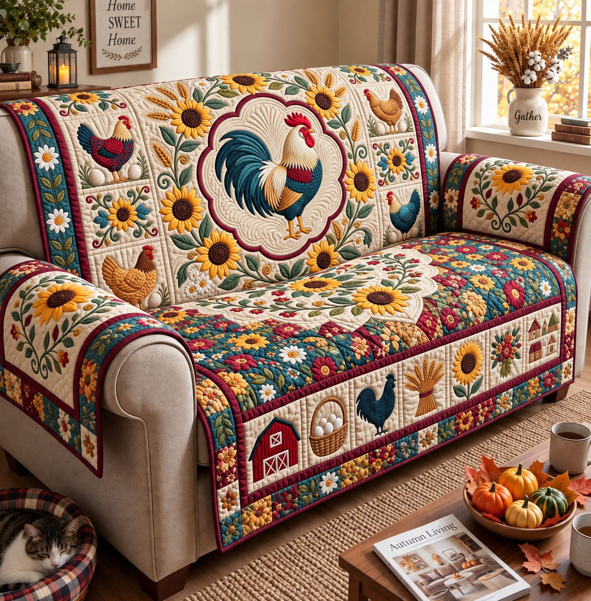 Rooster Sunflower Farm Sofa Cover