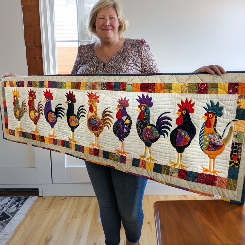 Row of Colorful Folk Roosters Table Runner