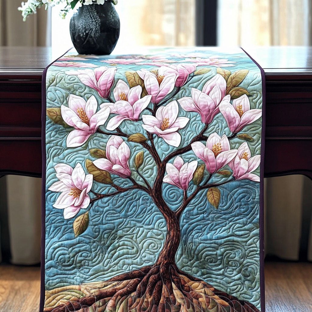 Pink Magnolia Tree on Teal Table Runner