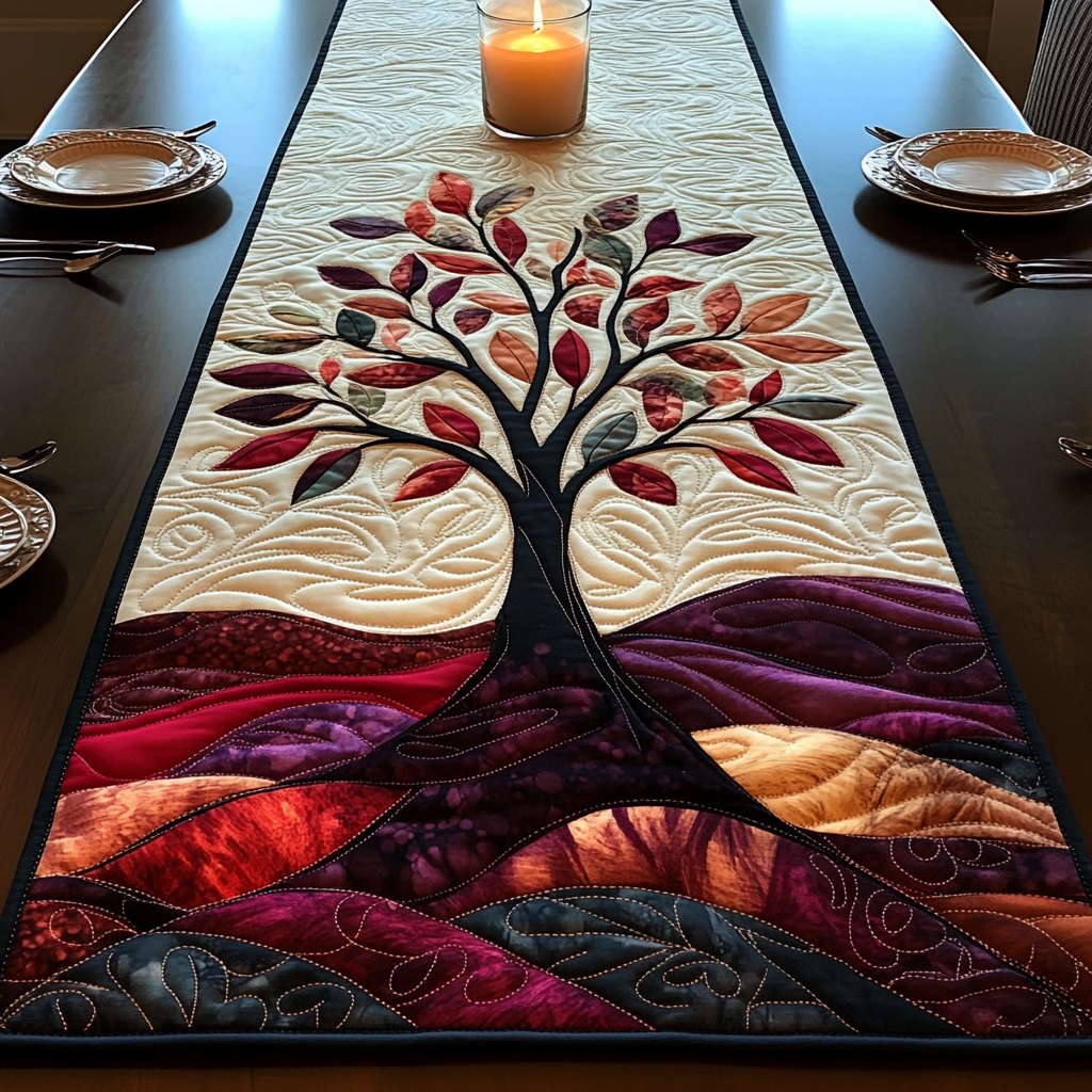 Red Leaved Tree on Burgundy Table Runner