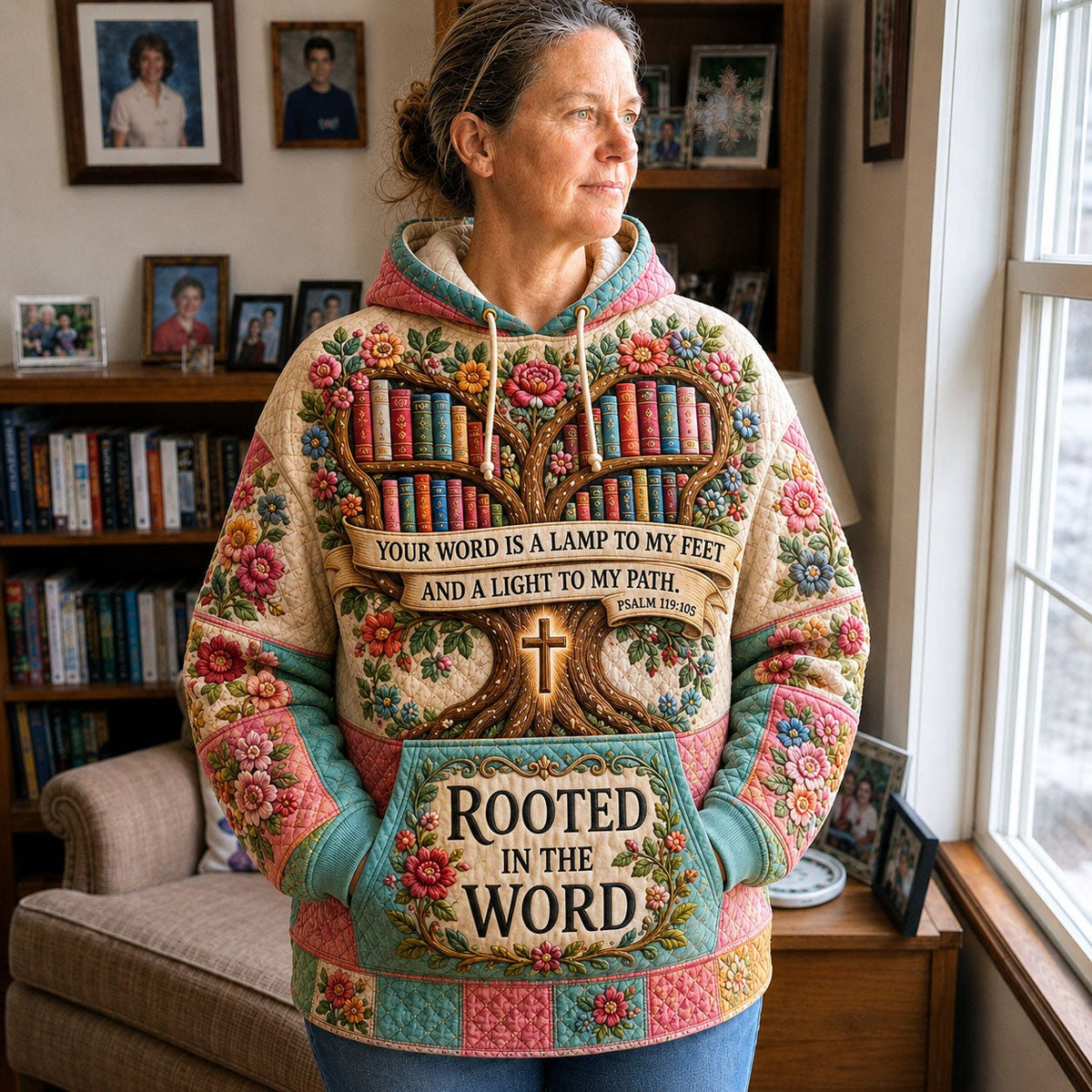 Rooted in the Word Christian hoodie, all-over print