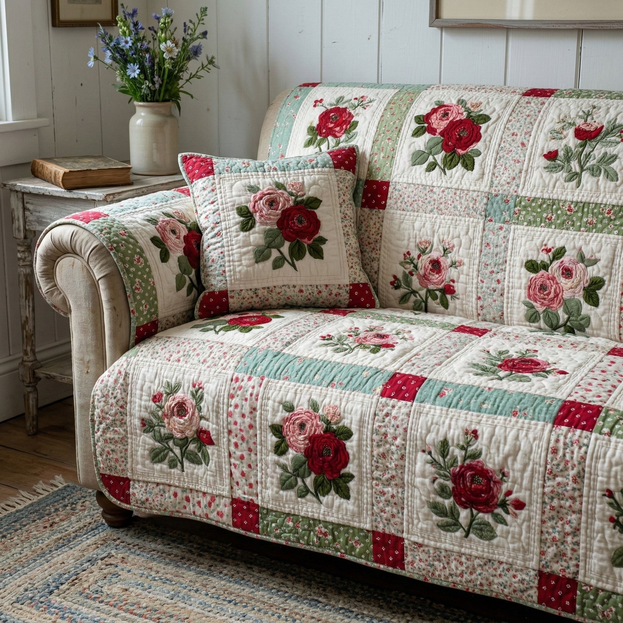 Roses in Cream and Red Blocks Sofa Cover