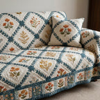 Blue Lattice with Floral Squares Sofa Cover