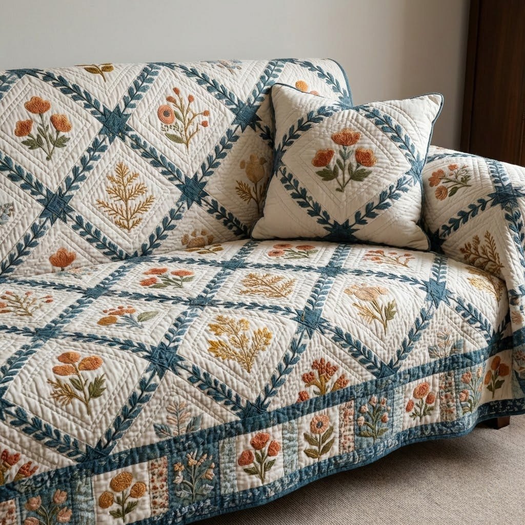 Blue Lattice with Floral Squares Sofa Cover