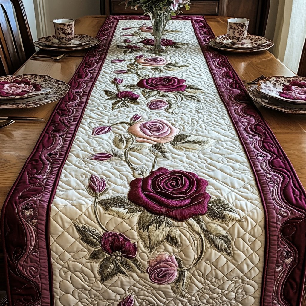 Burgundy Rose on Cream Quilting Table Runner