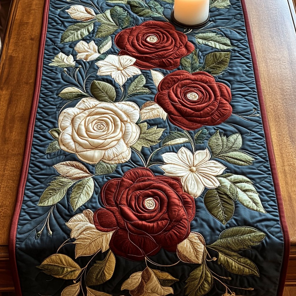 Red and Cream Roses on Navy Table Runner