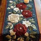 Red and Cream Roses on Navy Table Runner