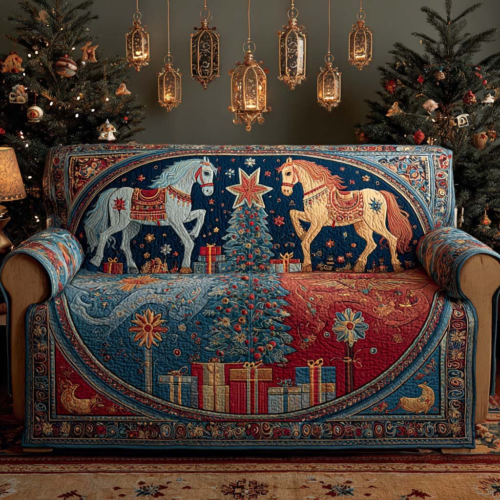 Royal Blue Festive Horses Sofa Cover