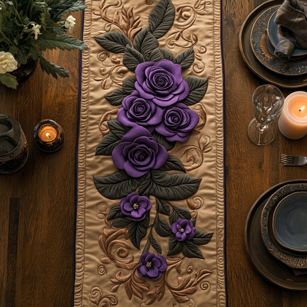 Purple Roses on Tan Panel Table Runner