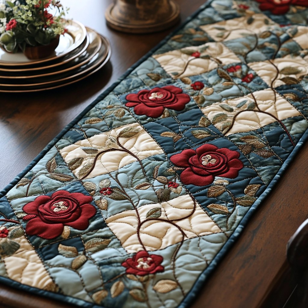 Red Roses on Blue Blocks Table Runner