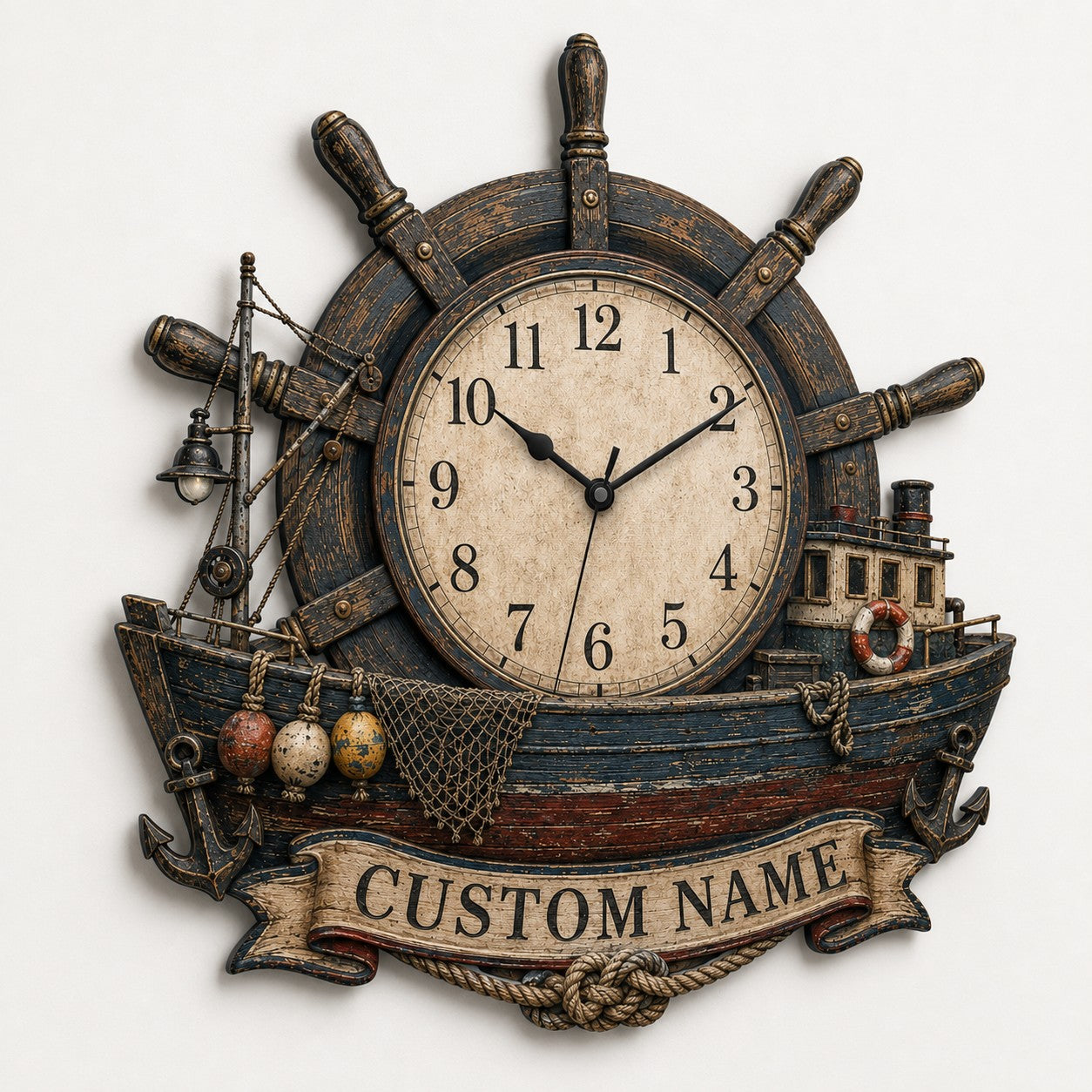 Helm and trawler timepiece Custom Name Wall Clock — personalized with a custom name