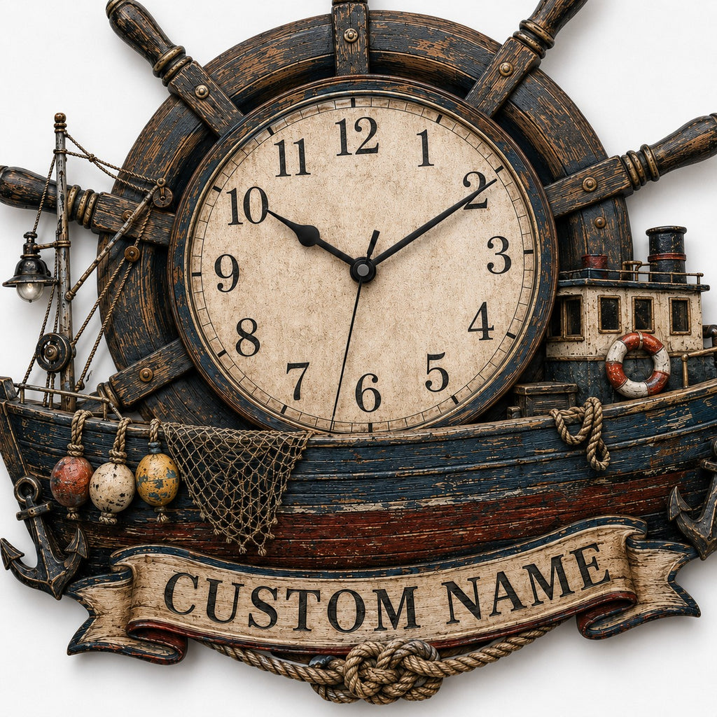 Helm and trawler timepiece Custom Name Wall Clock — personalized with a custom name