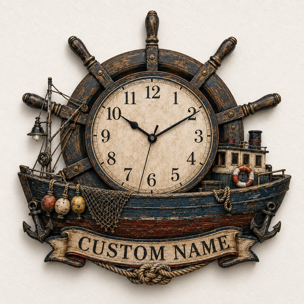 Helm and trawler timepiece Custom Name Wall Clock — personalized with a custom name