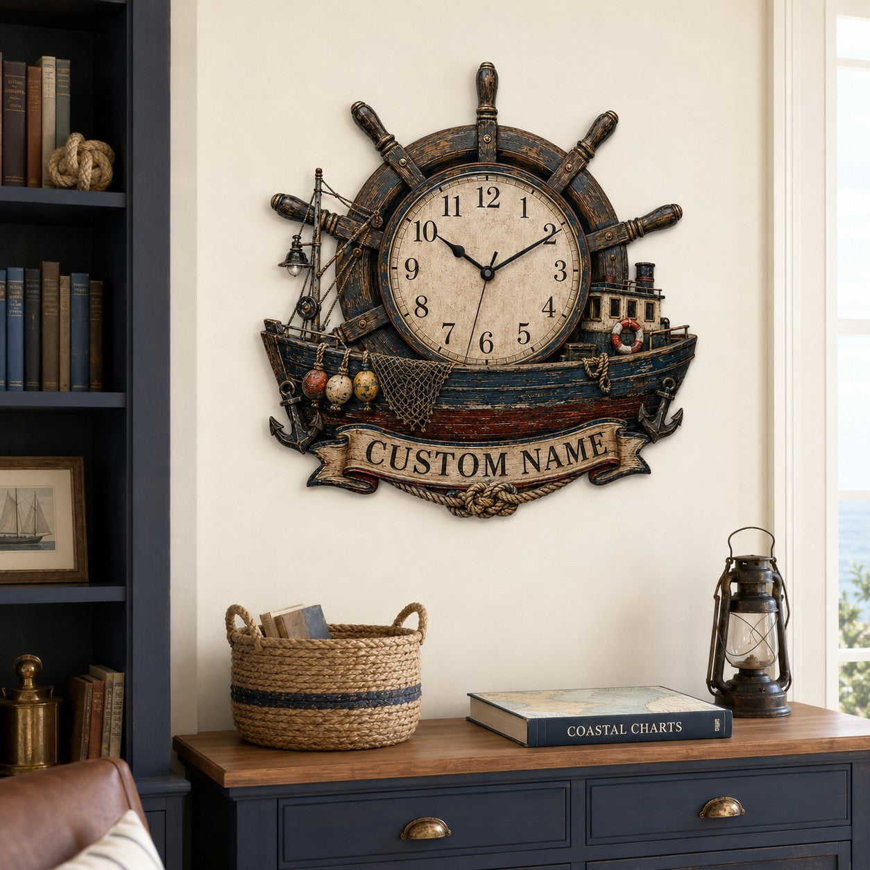 Helm and trawler timepiece Custom Name Wall Clock — personalized with a custom name