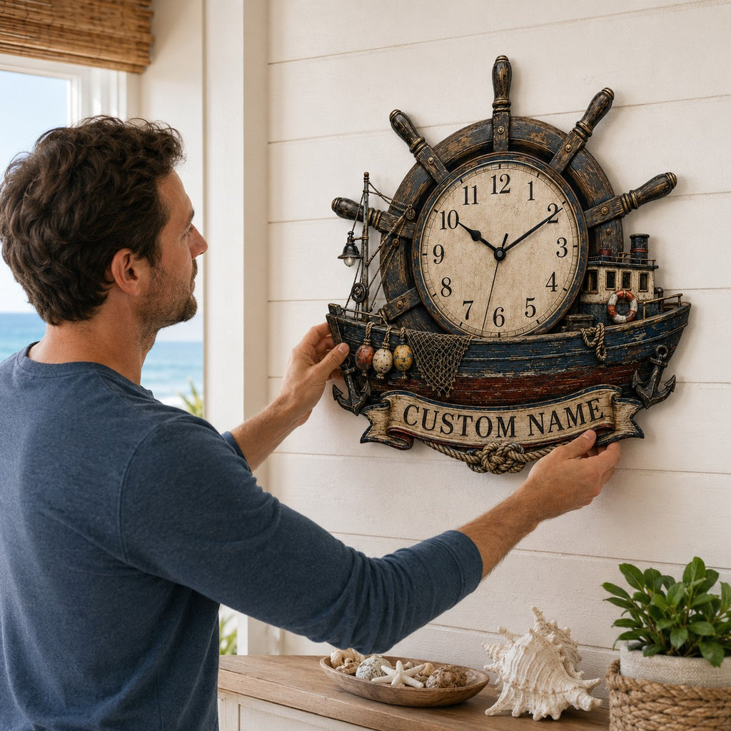 Helm and trawler timepiece Custom Name Wall Clock — personalized with a custom name