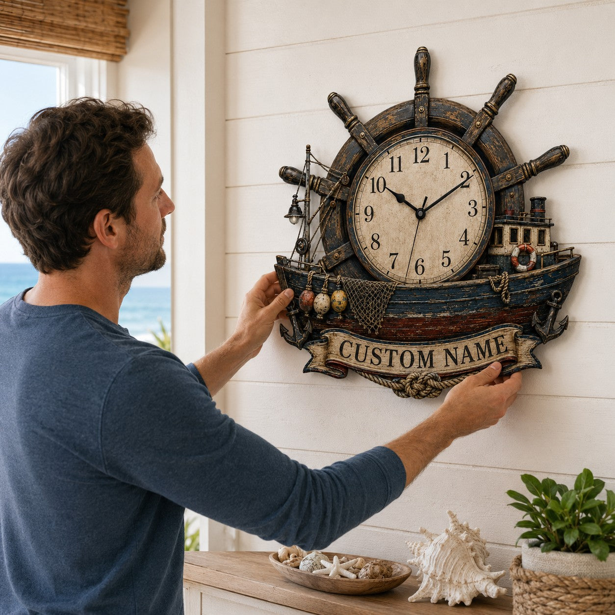 Helm and trawler timepiece Custom Name Wall Clock — personalized with a custom name