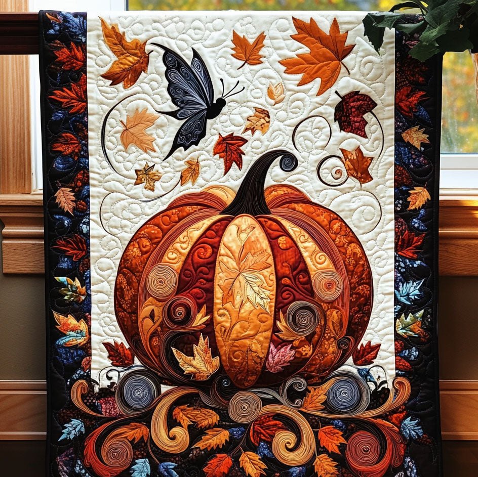 Ornate Orange Pumpkin with Leaves Table Runner