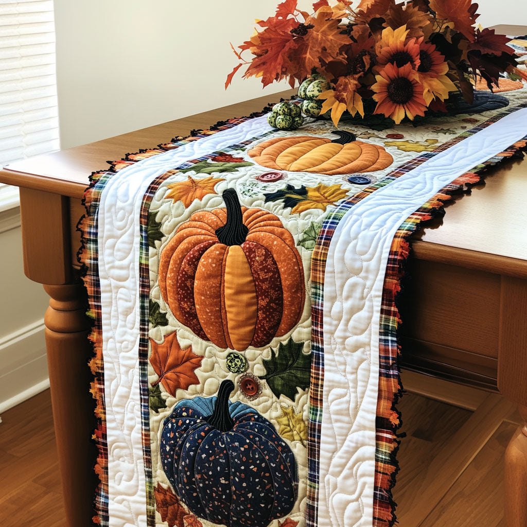 Pumpkins on Cream and Plaid Table Runner