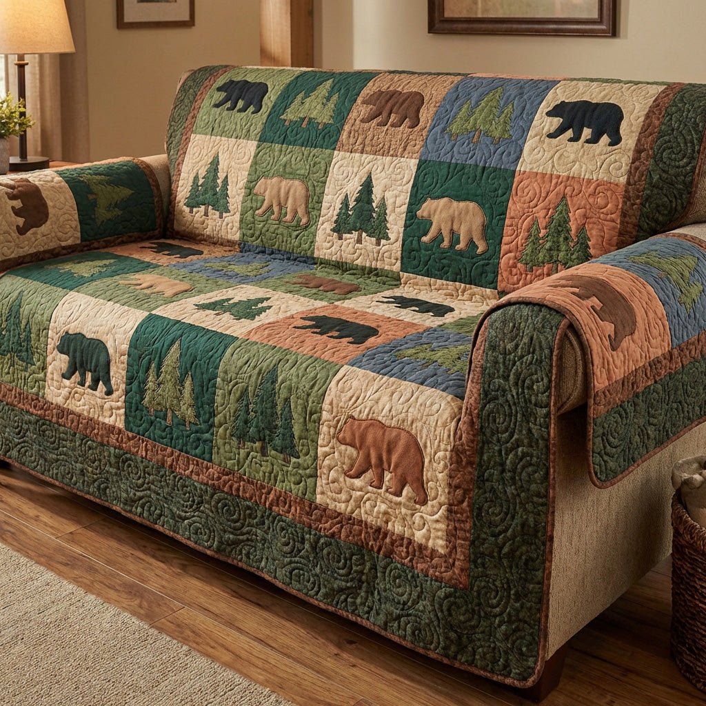 White Bear on Forest Green Blocks Sofa Cover