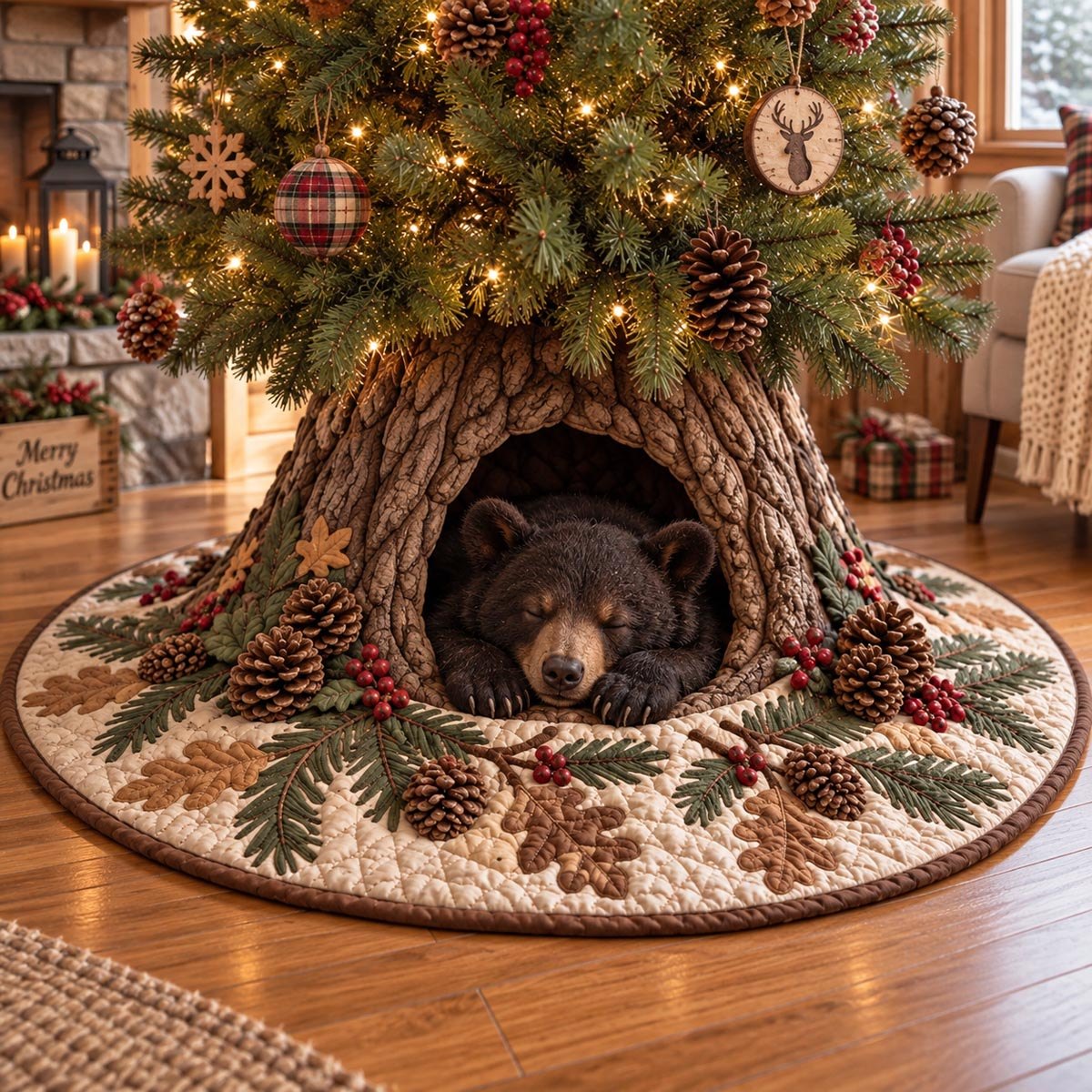 Rustic Bear Winter Den Christmas Tree Skirt