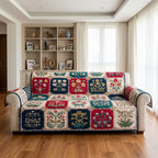 Folk Flowers on Red and Blue Squares Sofa Cover