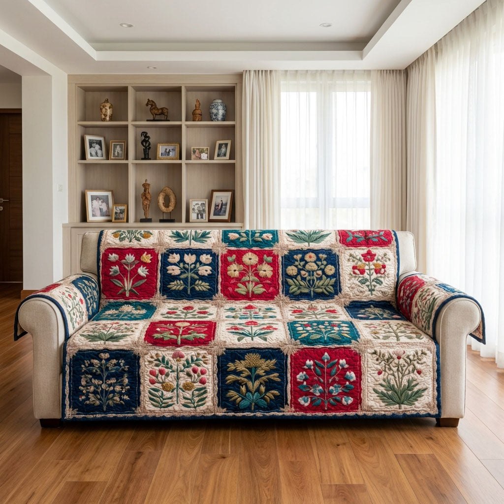 Folk Flowers on Red and Blue Squares Sofa Cover