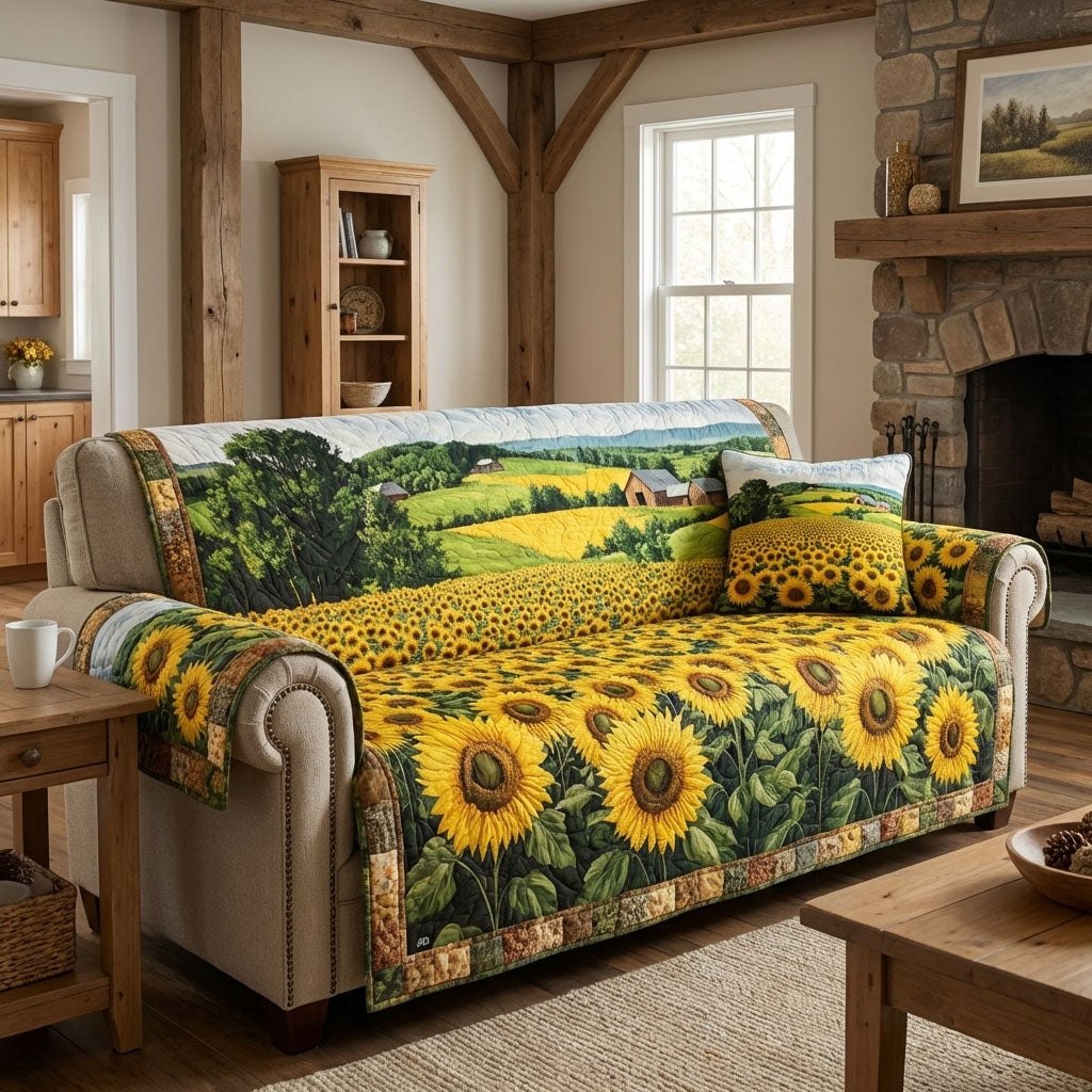 Sunflower Field Under Green Hills Sofa Cover