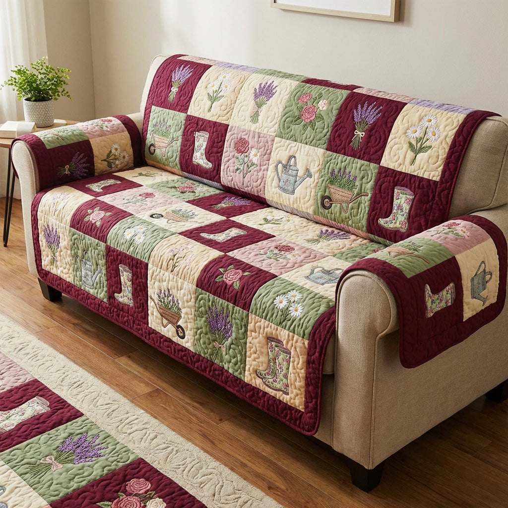 Farm Scenes on Red and Green Squares Sofa Cover