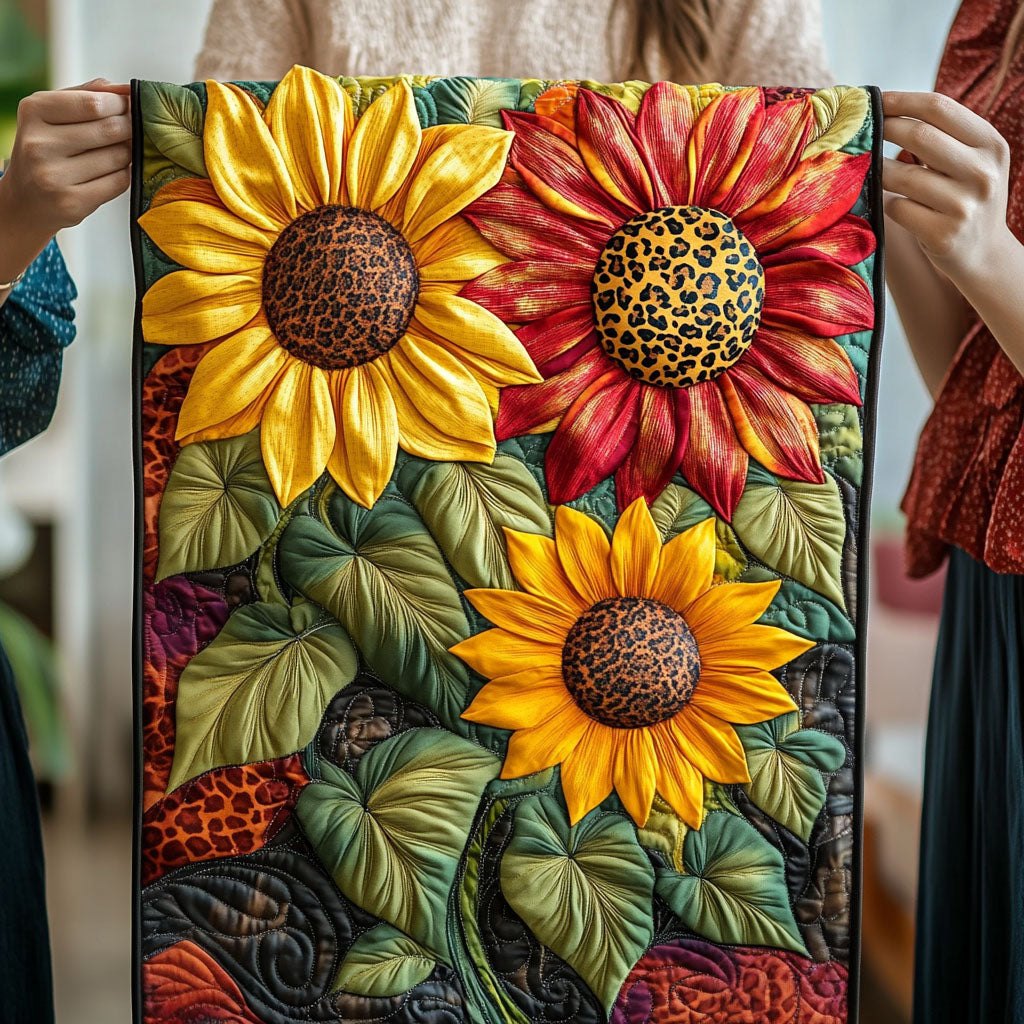 Red and Yellow Sunflowers with Leaves Table Runner
